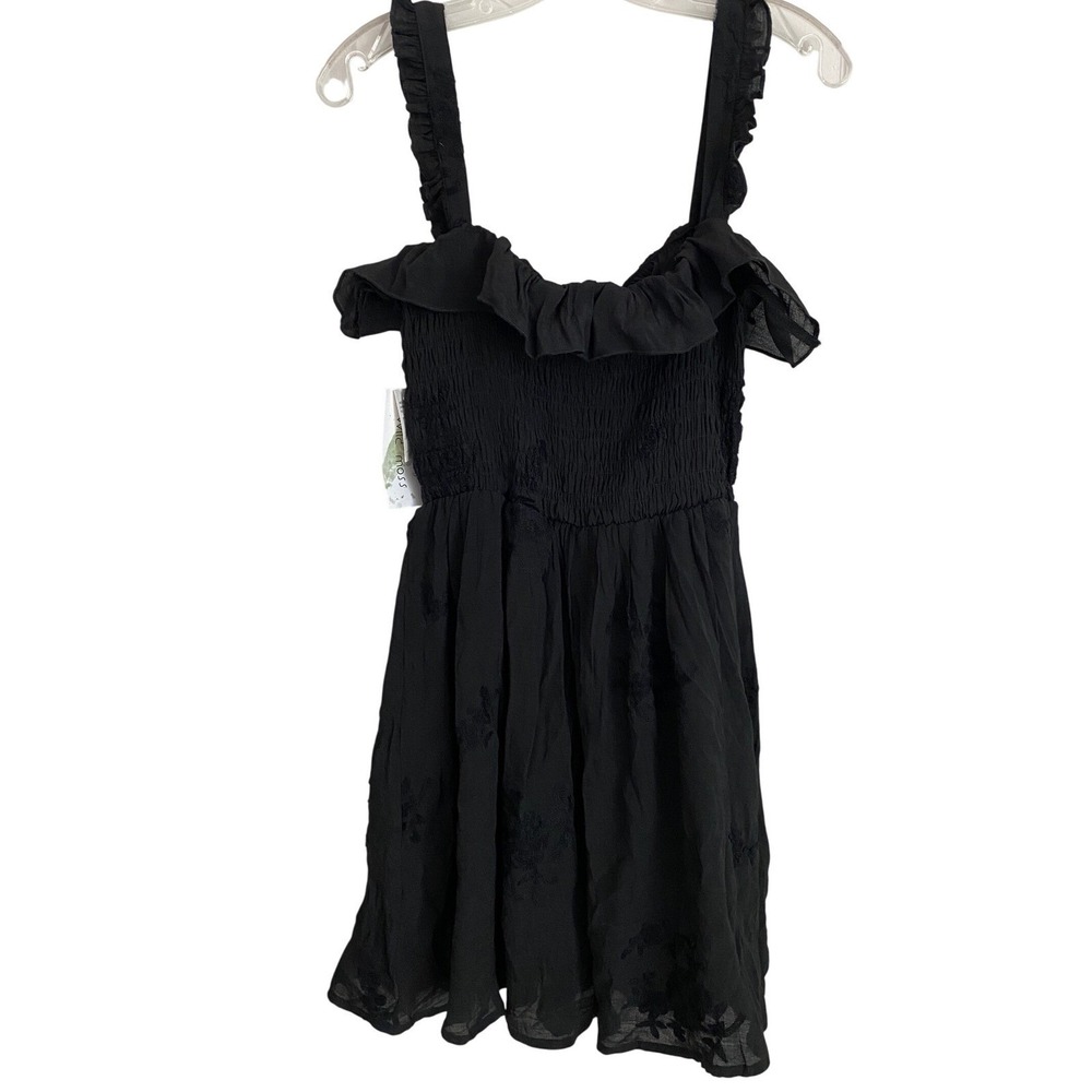 Wild Moss Womens Smocked Body‎ Mini Dress Black Floral Embroidered Ruffle L NWT - Picture 7 of 10